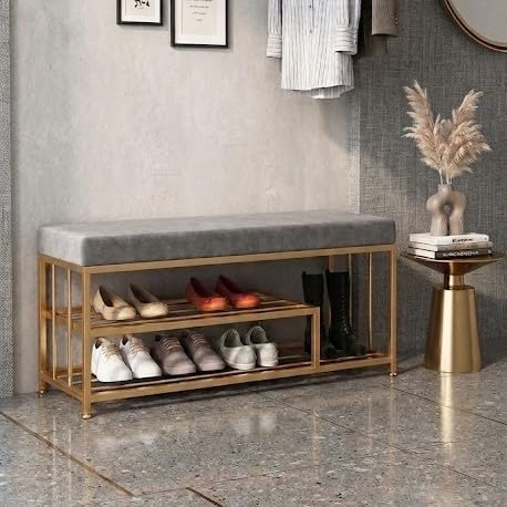Premium Metal Shoe Rack with Cushioned Seat | 2 Tier Shoe Organizer for Entryway, Living Room & Bedroom | Space Saving Shoe Stand for 6-8 Pairs | | Shoe Storage Stand with Gold Frame (Gry)-image-44