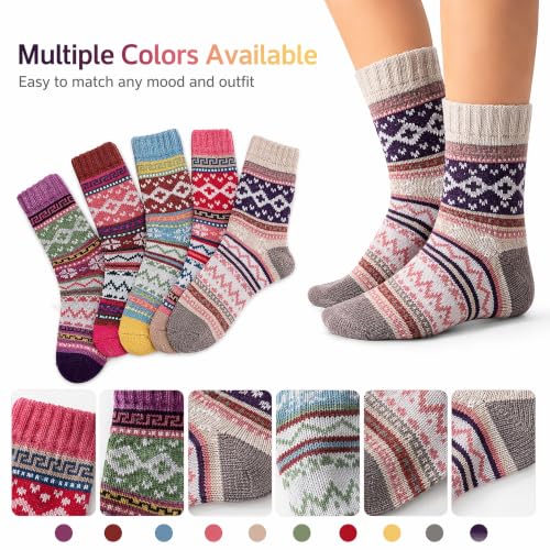 Image of Winter Women Socks 5 Pairs Vintage Wool Casual Thermal Crew Socks