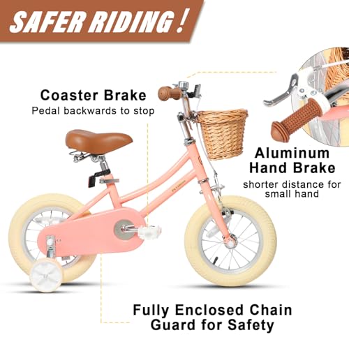 Image of Petimini Vintage Kids Bike for Girls, 12-20 Inch Classic Bicycle with Wicker Basket & Bell, High Tensile Steel Frame, Training Wheels (12-18 inch), 85% Pre-Assembled, Retro Bike for Outdoor Riding