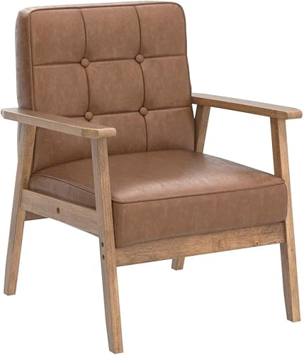 Miniatura 13 de Okeysen Juego de 2 sillas decorativas, sillón retro de cuero moderno de mediados de siglo para sala de estar, sofá individual de madera maciza con