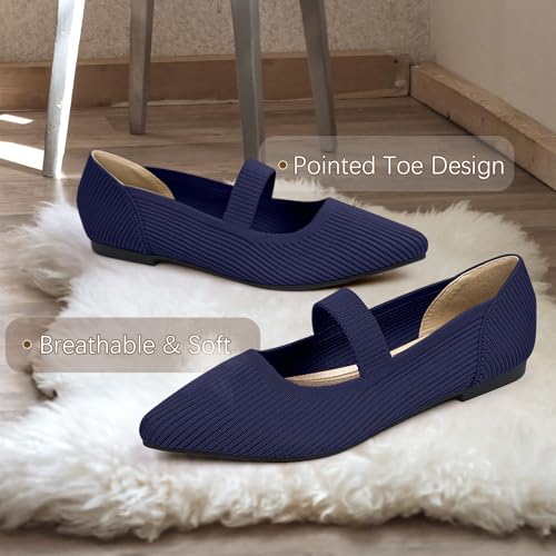 Image of TINGRISE Women's Flats Shoes Pointed Toe Knit Washable Ballet Comfortable Dressy Mary Jane Flat
