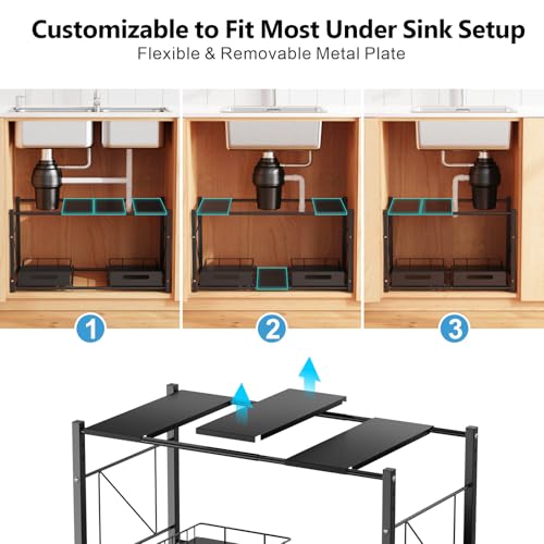 iSPECLE Under Bathroom Sink Organizer - 2 Tier Expandable Under Sink Organizer Add Extra Space and Easy Access, Under Sink Shelf for 22" to 32" Wide Sink Cabinet, Not Include Basket - Image 6