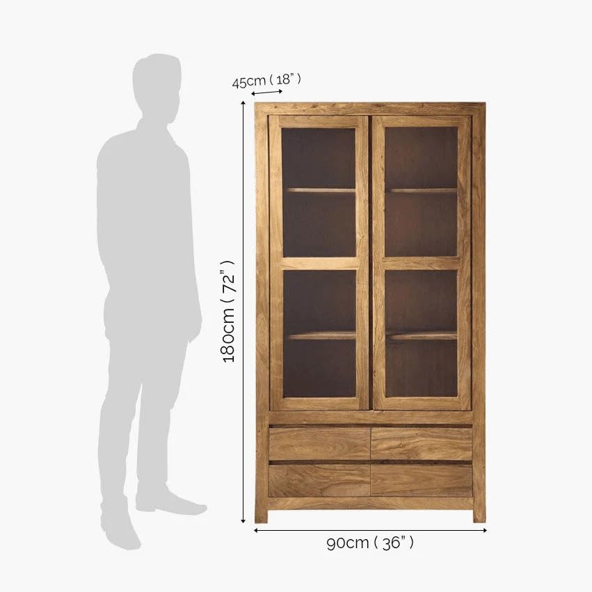 Image of SONA Art & Crafts Wood Multipurpose Kitchen Crockery Cabinet Display Rack with 2 Door and 4 Drawer for Living Room Bedroom Solid Wood Bookcase Wooden Furniture for Home Office (Natural Finish)
