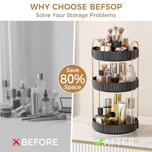 Image of 360 Rotating Makeup Organizer, Upgraded 3 Tier Skincare Perfume Organizers for Women, Bathroom Organizer Countertop, Clear Cosmetic Dresser Organizer with Makeup Brush Holder, Sink&Counter(Black)