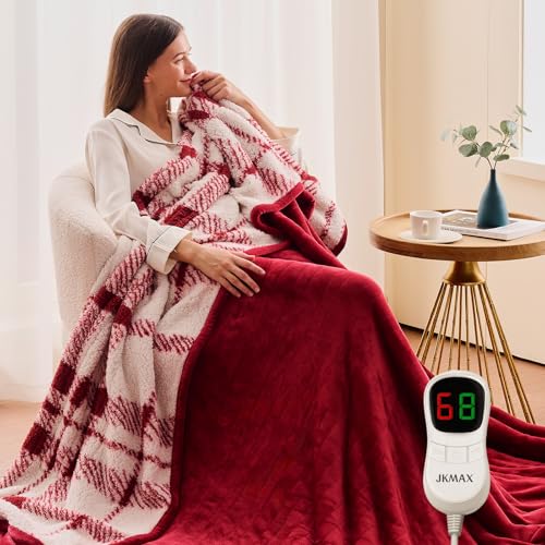 JKMAX Heated Electric Blanket Queen Size - 84"x90" Flannel Heating Blanket with 10 Heating Levels & 5 Time Settings Over-Heat Protection, Winter Warmer for Adults with ETL Certification(Red)