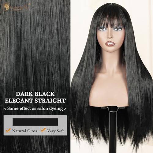 Image of Creamily Black Wig for Women, 22 Inch Long Straight Wig with Bangs, Full Head Synthetic Korean Style Cosplay Wigs
