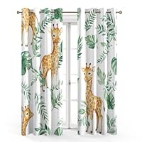Cartoon Giraffe Curtains Blackout for Home Decor, Thermal Curtains Green Leaves Kids Zoo Animal Pattern, Living Room & Bedroom Eyelet Drapes 90 Inch Drop, 90x90, 2 Panels C&1795