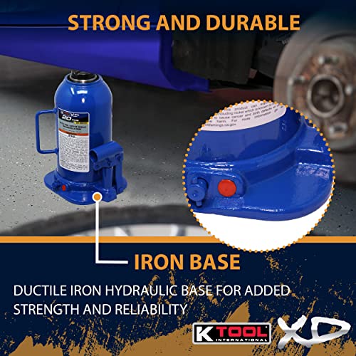 K Tool International Xd63221 20 Ton Hydraulic Bottle Jack For Garages, Repair Shops, And Diy, 44,000 Lbs. Capacity, Lift Range 9.6"-16.65", Heavy Duty Steel, Load-Limiting/Bypass Valves, Blue #TOP3