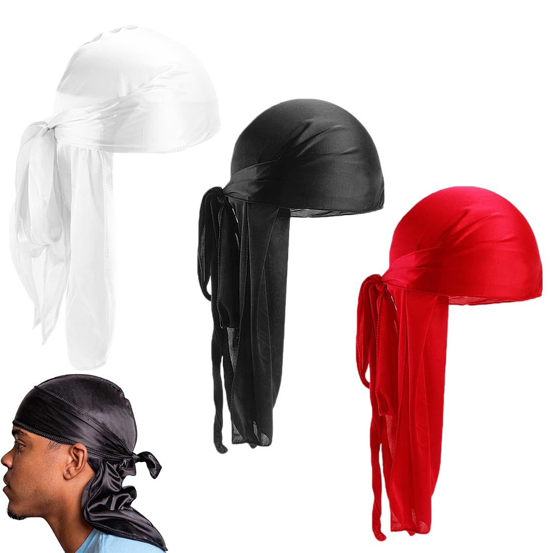 HNJUSR Long Tail Durag,3 Piezas Unisex Durag Headwraps Anchas Correas Pirata Gorra de quimio contra la pérdida de Cabello Bandana Turbante para Mujeres y Hombres Hip-Hop y decoración Diaria