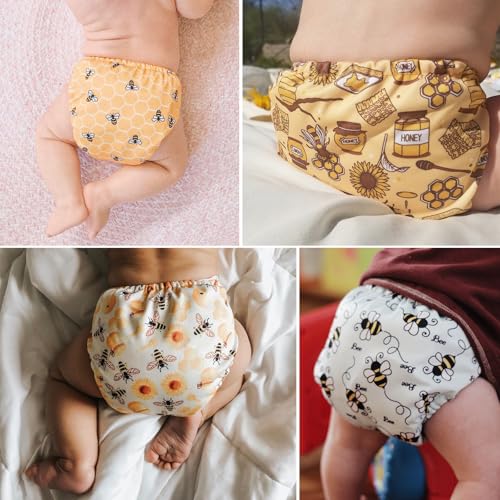 Mama Koala 3.0 Pocket Cloth Diapers for Babies with AWJ Lining, 6 Pack with 6 4-Layer Natural Cloth Diaper Inserts - Reusable and Washable Pocket Diapers(Hardworking Bees)