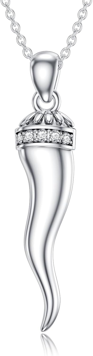 Lab Grown Diamond Italian Horn Necklace Sterling Silver Horn Pendant Necklace Gift for Women