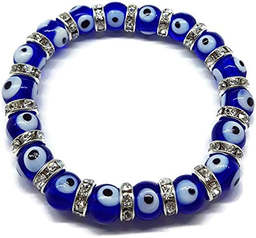 Lakshya GemsEvil Eye Natural 10 mm Healing Stone Fashion Bracelet for Men and Women - (16 Crystal Beads, Blue, Free Size)