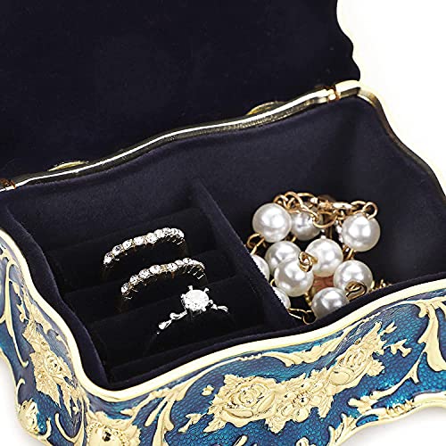 Ywhwxb Vintage Jewelry Box, Small Enameled Rococo Style Decorative Treasure Chest Storage Organizer Case (Golden Blue) #TOP2