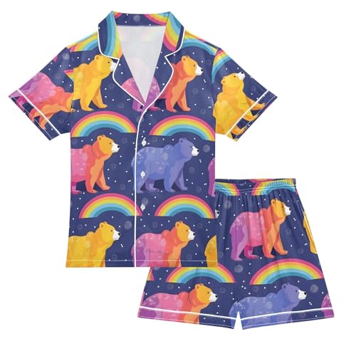 ALAZA Cartoon Bear Rainbow Pajamas Satin Pajama Set Short Sleeve Button Down Sleepwear
