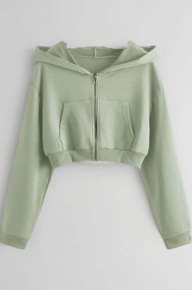 Casual Wear Solid Crop Zipper Jacket Hooded Neck Full Sleeves Hoodie for Women, Fleece