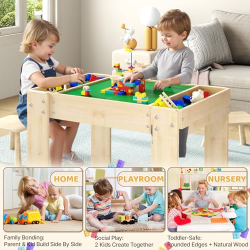 Image of Building Blocks Table with Storage for Kids, Wooden Table Fits Lego Bricks for Toddlers Ages 3+, Kids Activity Play Desk with 2 Chairs, 31.29''X 22.44''X 19.69''