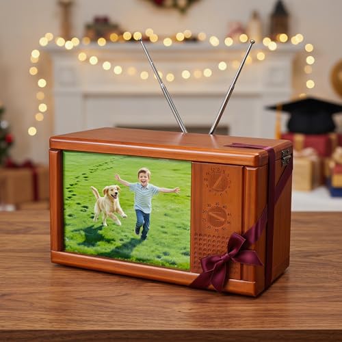 Image of Solid Wood Retro TV Model Piggy Bank | Double Currency Box with Photo Frame | Small TV Statue Home Decor | Creative Savings Model | Gift for Children Collectors