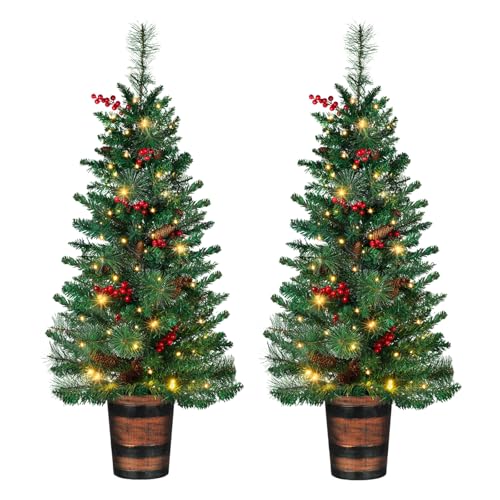 4FT Prelit Christmas Tree 2-Pack Pinecone and Berries Artificial Potted