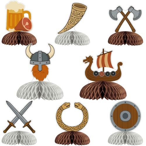 Cheerupp 8 Pcs Nordic Viking Helmet Ship Honeycomb Centerpieces Decorations, Barbarian Pirate Table Toppers Decor, Northern Europe Pirate 3D Table Signs for Baby Shower Birthday Party Supplies