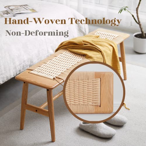 Hymus 32" L 100% Fas Oak Wooden Bench Indoor - Solid Wood Rope Woven Entryway Bench, Dining Bench, Boho Furniture For Entryway, Dining Room, Bedroom, Kitchen (Natural) #TOP3