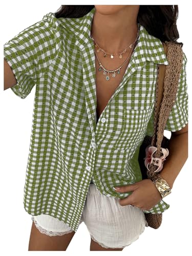 SweatyRocks Women's Short Sleeve Gingham Plaid Button Down Lapel Collar