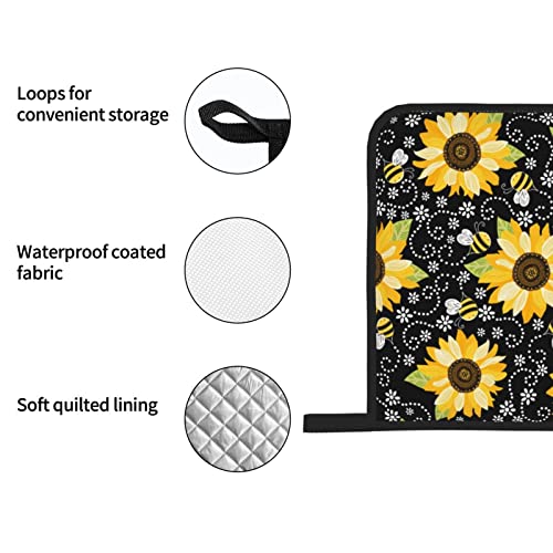 Sunflower Bees Oven Mitts And Pot Holders Sets Of 4 High Heat Resistant Oven Mitts With Oven Gloves And Hot Pads Polyester Potholders For Kitchen Baking Grilling Bbq Non-Slip Cooking Mitts #TOP5