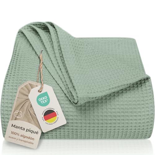 LAYNENBURG Manta para Sofá Verano 180 x 220 cm   Waffle Pique 100% Algodón   cocha Ligera de Verano   Manta de algodón como Manta de Cama, de sofá   Manta de sofá aireada (Verde Menta)