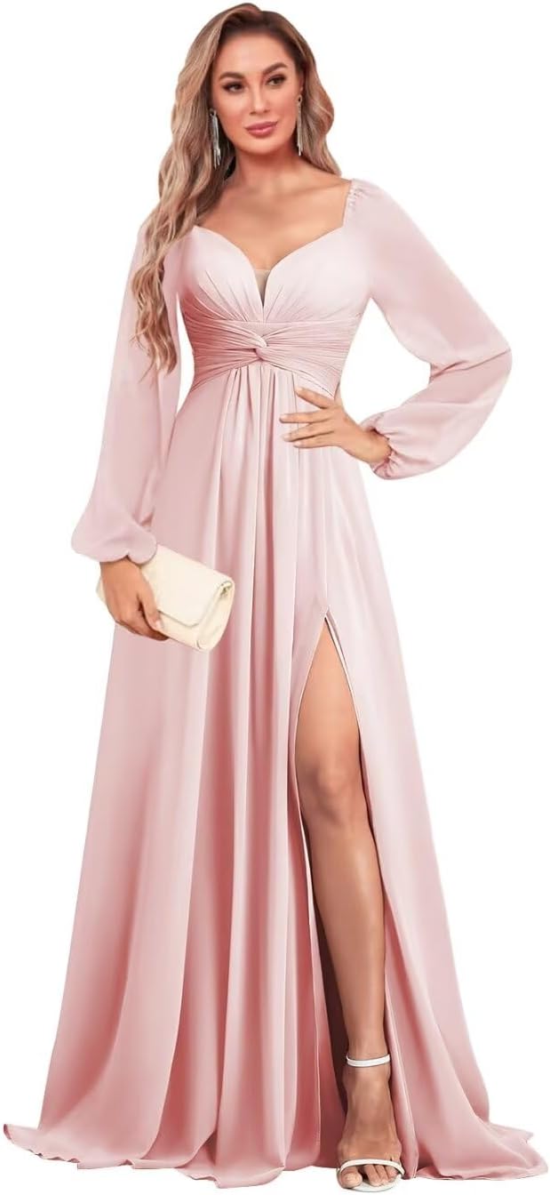 Vnaix BridalsLong Sleeve Chiffon Bridesmaid Dresses for Wedding V Neck Formal Evening Gowns with Slit