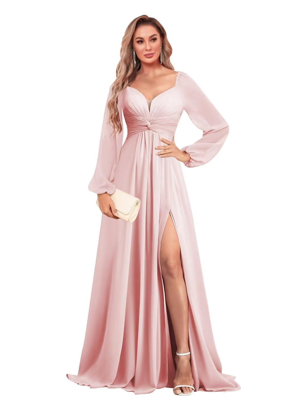 Vnaix BridalsLong Sleeve Chiffon Bridesmaid Dresses for Wedding V Neck Formal Evening Gowns with Slit