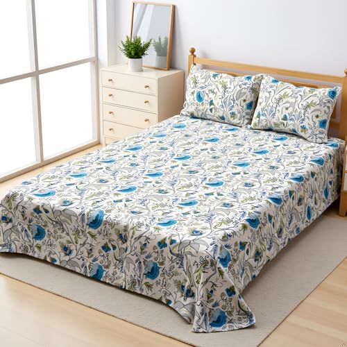 Image of SAJAVAT HOME Pure Cotton King Size Bedsheet with 2 Pillow Covers | Beige Floral Anokhi Print Double Bed Sheet | Soft, Breathable & Comfortable Bedding Set | 96 x 104 Inches | Pack of 1