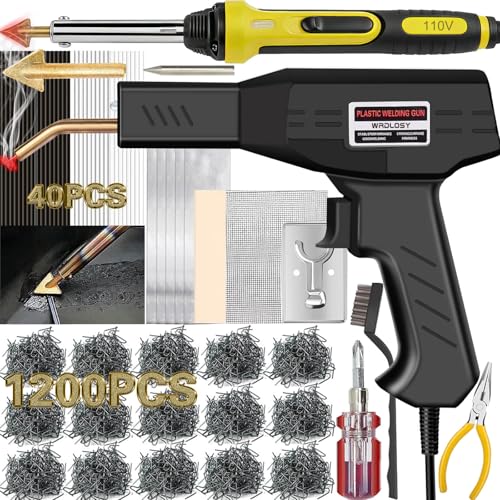 Wrdlosy 220W Plastic Welder, 1200PCS Staples 40PCS Rods Plastic Welding Kit, 5 in 1 Welding Tips Tape Sandpaper Wire Mesh Stand Metal Brush Screwdriver Welder Kit Bumper Repair Kit (Yellow)