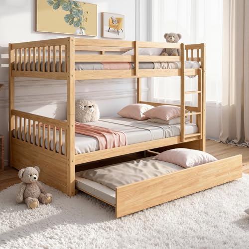 XEPAMU Full Over Full Bunk Bed with Trundle Convertible to Two Full Bunk Beds Wood Platform Bed Frame with Ladder & Guardrails Space-Saving Kids & Guest Bed No Box Spring Needed White Oak