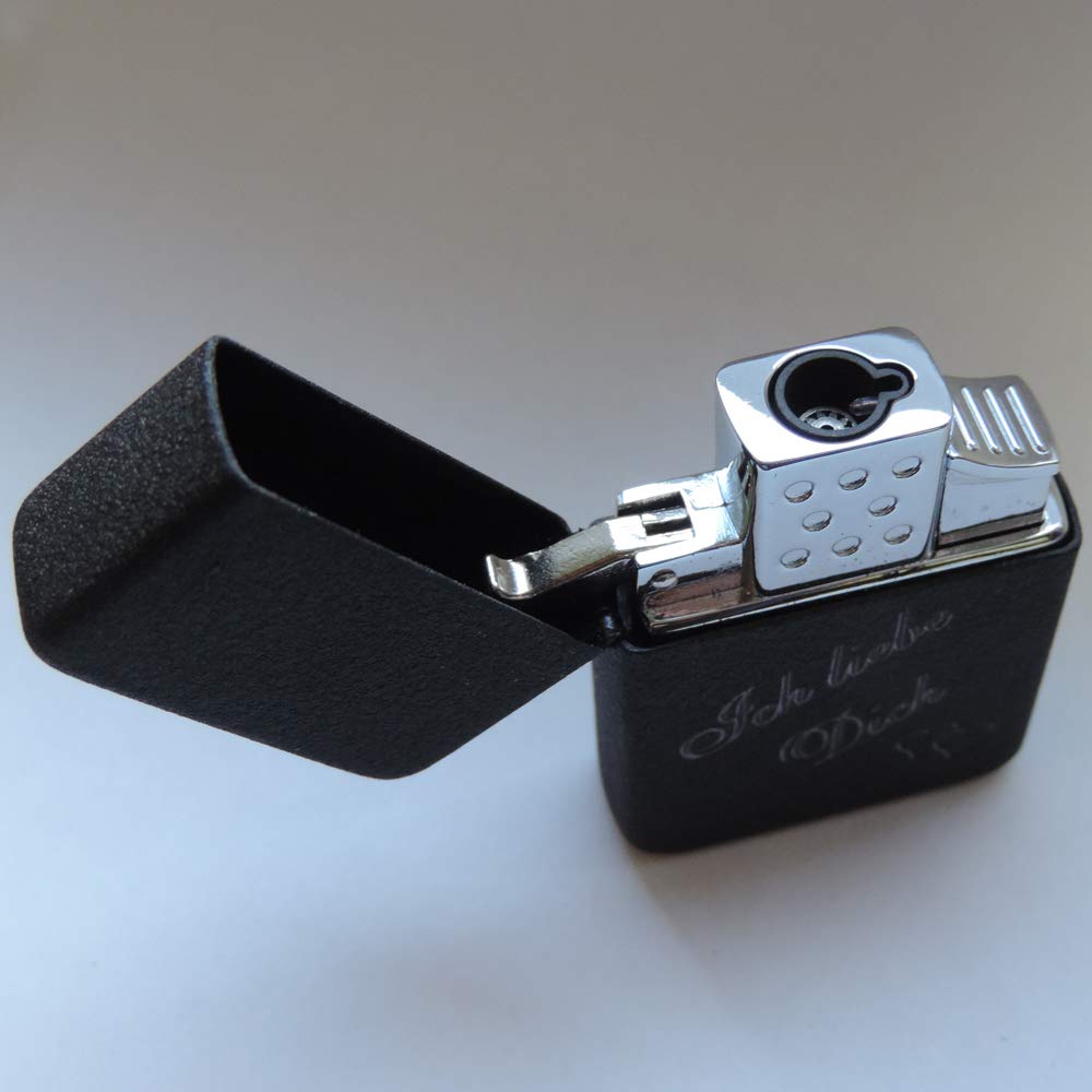 Schwarzes Crackle Laser Sturmfeuerzeug Mit Gravur - Ich Liebe Dich + Name/Datum, Inkl. Rotem Stoffbeutel