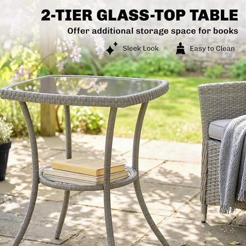 Outsunny 3 Piece Rattan Bistro Set, PE Wicker Garden Furniture Conversation Set, 2 Tier Glass-Top Bistro Table and Chairs for 2 with Cushions for Patio, Balcony, Porch, Dark Grey 5 Outsunny 3 Piece Rattan Bistro Set, PE Wicker Garden Furniture Conversation Set, 2 Tier Glass-Top Bistro Table and Chairs for 2 with Cushions for Patio, Balcony, Porch, Dark Grey - Image 5