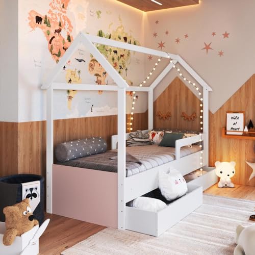 Cama Infantil Montessoriana Casinha Menino Menina Solteiro 196cm com Proteção Lateral e Gavetas com Rodas Branco com Rosa