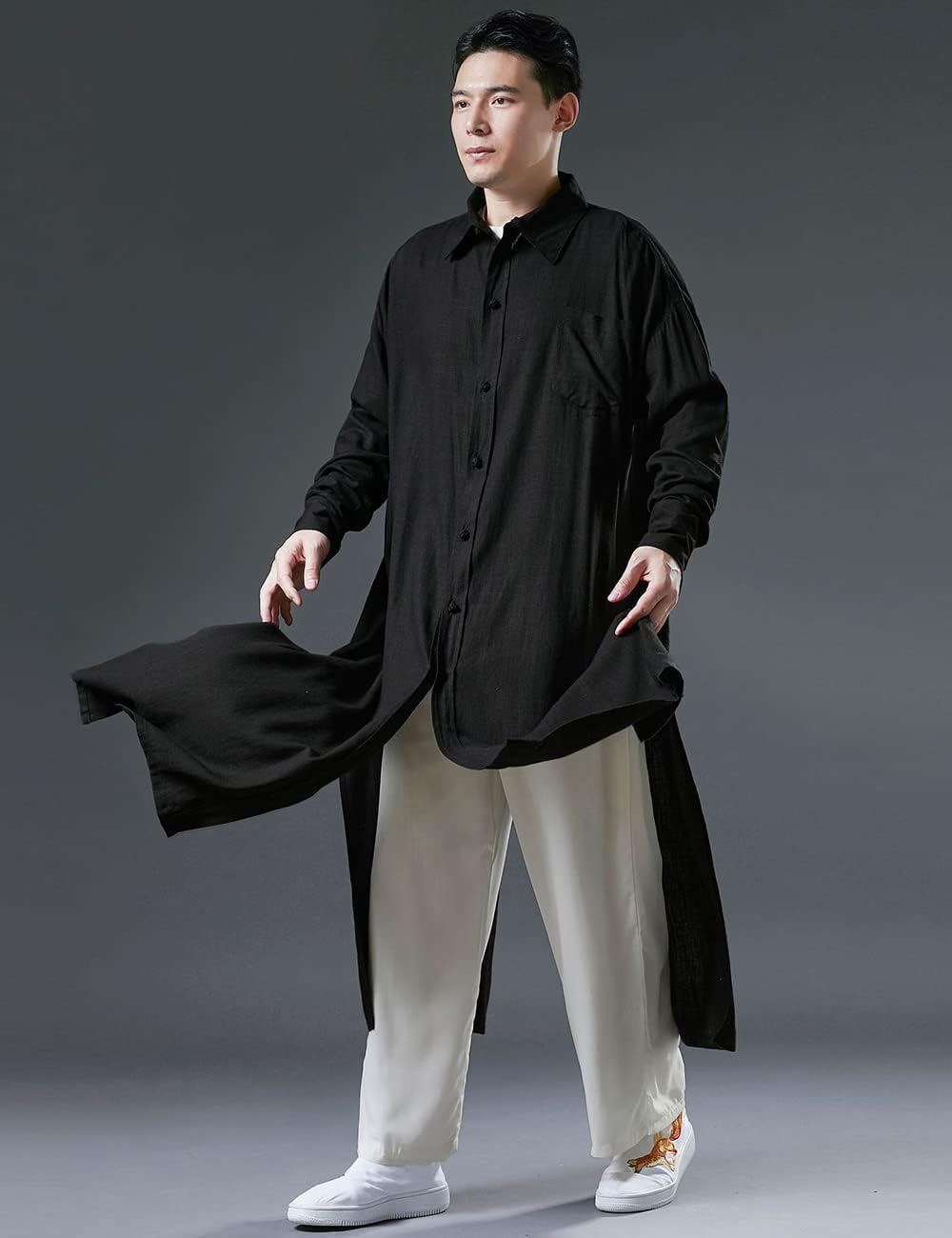 Ystylee Men Lightweight Cotton Linen Lapel Shirt Trench Coats Loose Button Up Pockets Long Length Shirt Jacket Shacket
