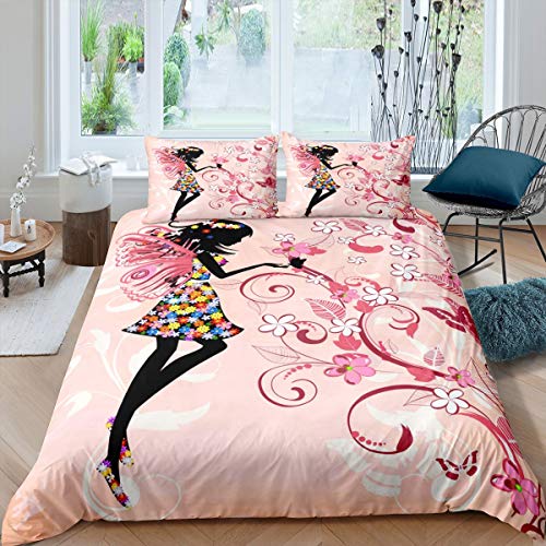 Homemissing Filles Papillon Fée Parure de Lit 220x240cm Chic Mignon Floral Parure Housse de Couette Décoratif Luxe Fleurs Roses Housse de Couette Botanique Branches 3 pièces, Multicolore 7a Cover