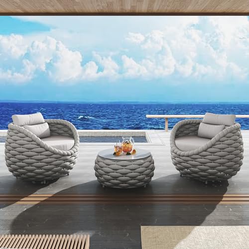 TWT 3 Pieces Aluminum Patio Furniture Set, Hand Woven Textilene Rope Outdoor Sofa Set w/Washable Cushion and Rock Slab Tabletop, Conversation Furniture for Livingroom Poolside Balcony (Grey)