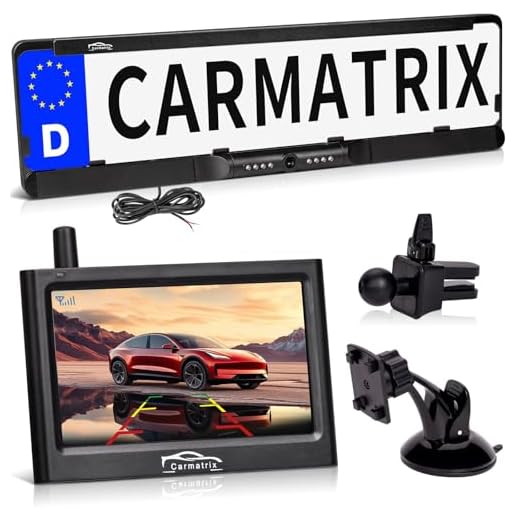 CARMATRIX Funk Auto KFZ Rückfahrkamera kabellos Nummernschild 4,3" Monitor Rückfahrsystem mit IR Nachtsicht im Kennzeichenhalter Digital zum Nachrüsten, wasserdicht Einparkhilfe ohne Solar (Kabel 1)