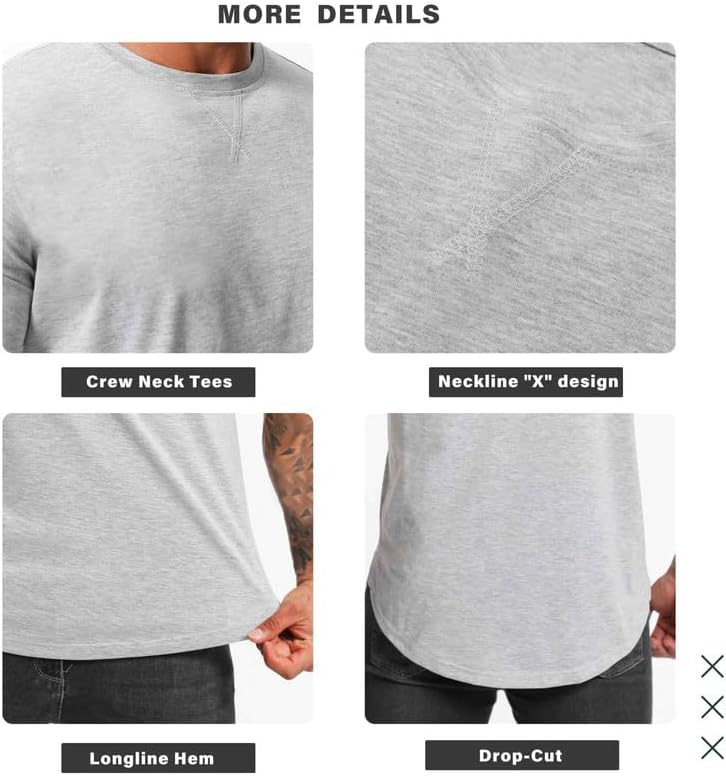 Mens 3 Pack Cotton Hipster Longline T Shirts Curved Hem Plain Hip Hop Short Sleeve Tee Fitted Casual Drop Cuts Crewneck - Image 5