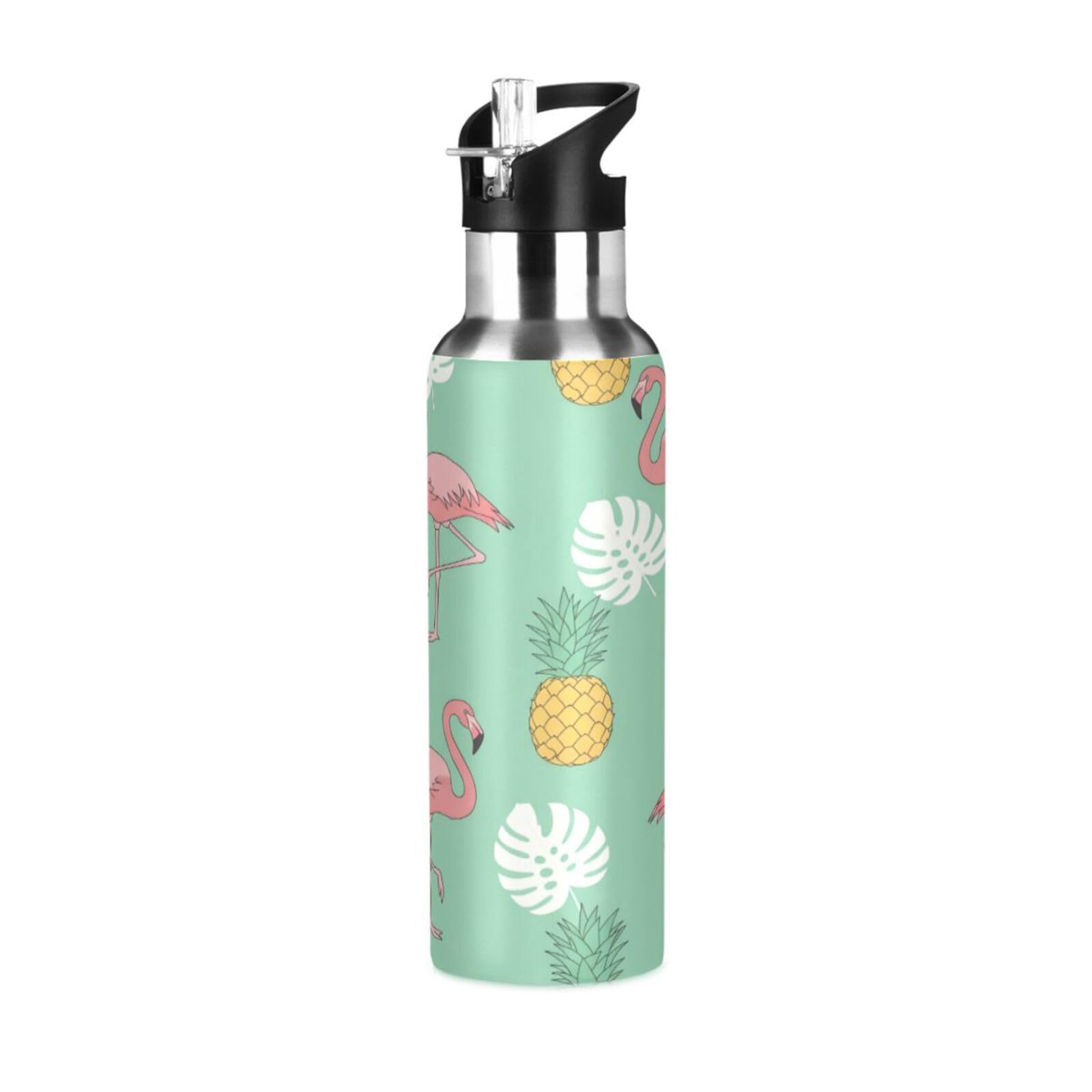 BOESI Flamingos and Pineapples Insulated Water Bottle 600ml, Stainless Steel Vacuum Sports Bottle with Straw, Leak Proof Thermal Bottle for Gym Travel Outdoor