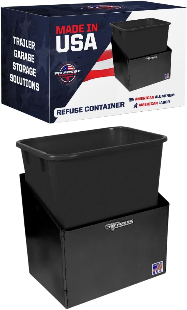 Pit Posse 453BK Refuse Container Bin and Aluminum Trash Can Holder Set - Garage Organizer Enclosed Race Trailer Shop Storage Wall Mounted Aluminum Disposal Waste Bin and Hanger (Black)