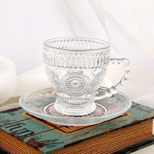 Kingrol Embossed Glass Mug Set with Saucers - Thumbnail 3