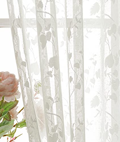 H.ebony Ivory Lace Curtains 63 Long - Cream Leaf Sheer Lace Curtains Set For Living Room/French Door, Airy Country Off White Lace Window Curtains 2 Panels, 52 X 63 Inch, Beige #TOP28
