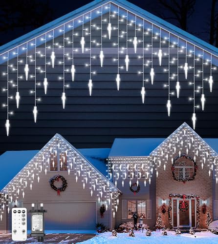 Icicle Outdoor Christmas Lights 10M/33FT 270 LED Icicle Lights with 45 Icicles Cool White Fairy Twinkle Lights - IP44 Waterproof/Remote/8 Modes/Memory/Timer for Outside Eaves Xmas Roof Decorations
