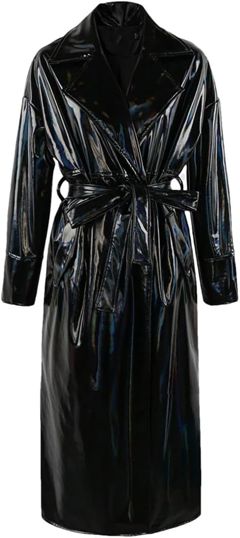 Haitpant Women's Long Black Stretchy Reflective PVC Leather Trench Coat European Fashion Windbreaker