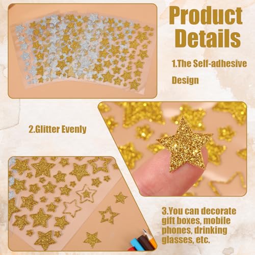 Sterne Sticker 6 Blatt, Glitzernde Sternen Aufkleber, Selbstklebende Gold/Silber Sternchen-Aufkleber, Sterne Sticker für Schülerbelohnungen, Verhaltensdiagramm, Schülerplaner