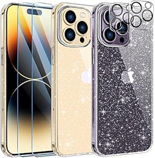 AROYI [5 in 1] Clear Glitter Case for iPhone 14 Pro Case with 2 Pack Tempered Glass Screen Protector and 2 Pack Camera Lens Protector, Soft Bumper Anti-Scratch Sparkle Bling Phone case 6.1 Inch