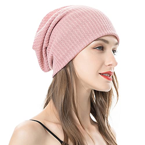 ZLYC Women Fashion Knit Slouchy Beanie Hat Thin Stretch Skull Caps (Solid Pink),One Size