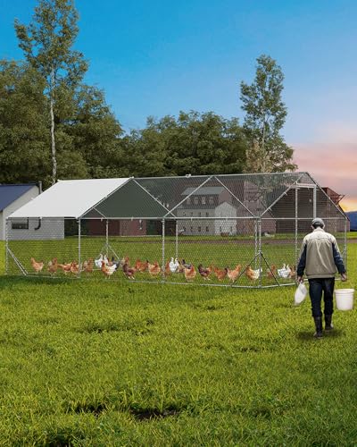 GarveeLife Large Metal Chicken Coop, Chicken Run for 20/30 Chickens, Outdoor Walk in Poultry Cage with Anti-UV Cover and Waterproof, 19.68 x 9.84 x 6.56 ft